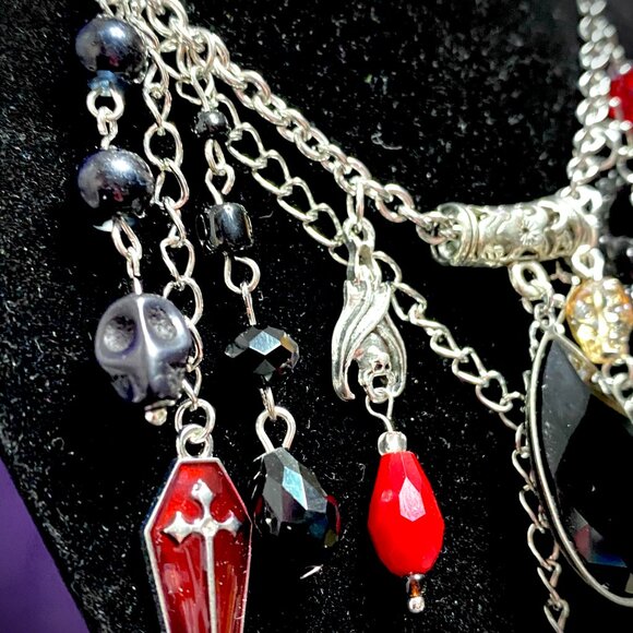 Goth Girl Trendy Charm Necklace Pagan--Witchy Vibes--Silver Bat Red Coffin - Picture 5 of 6